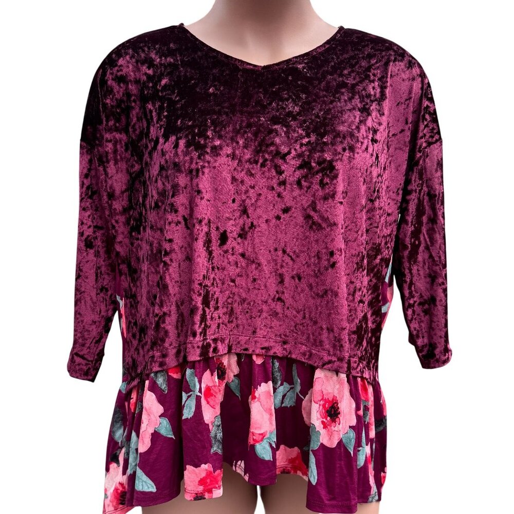 Dazzle Up Velvet Floral Pullover Top 3X Burgundy Pink‎ Hi-Lo Flowy Gypsy Boho